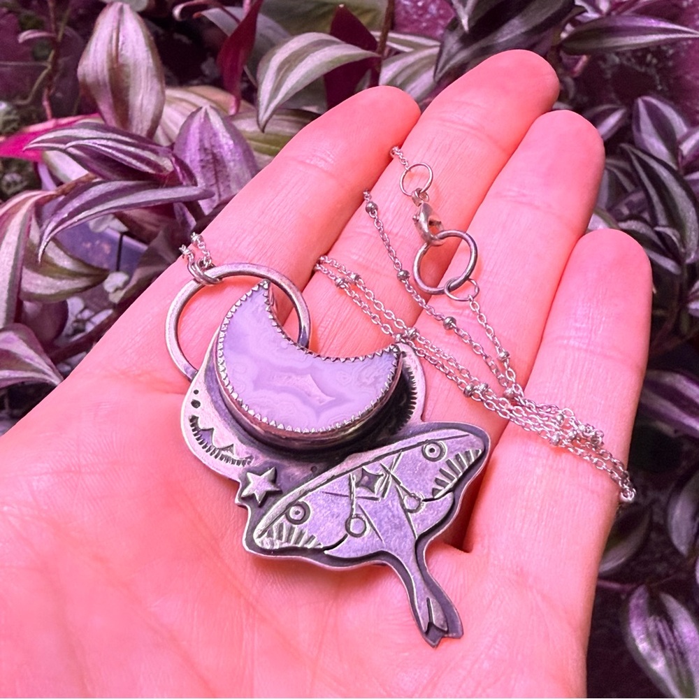 OOAK Sterling Silver 925 Lunar Moth Moon Pendant Necklace Fairycore Celestial